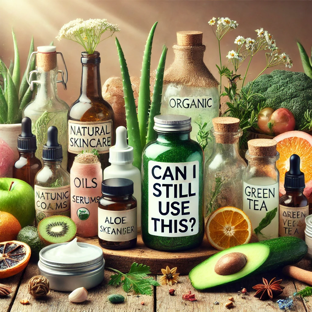 DALL·E 2024 11 26 17.26.47 An artistic and playful image illustrating the concept of transitioning to an organic skincare routine as compared to starting a new diet. The scene f